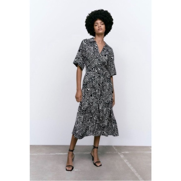 Zara Dresses & Skirts - Zara Black White Printed Button Down Shirt Midi Dress V-Neck Lapel Collar Large